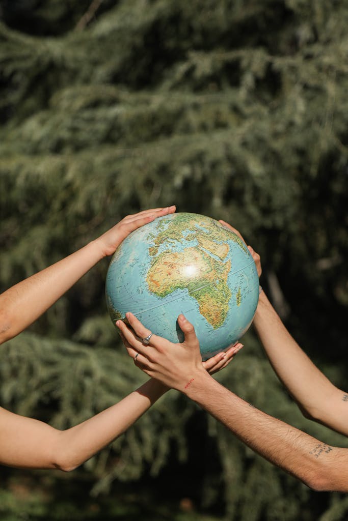 Four hands holding a globe outdoors, symbolizing unity and environmental conservation.